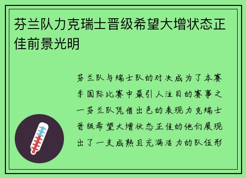 芬兰队力克瑞士晋级希望大增状态正佳前景光明