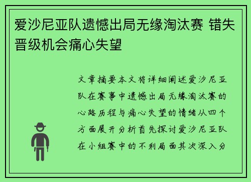 爱沙尼亚队遗憾出局无缘淘汰赛 错失晋级机会痛心失望