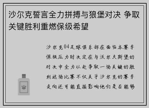 沙尔克誓言全力拼搏与狼堡对决 争取关键胜利重燃保级希望