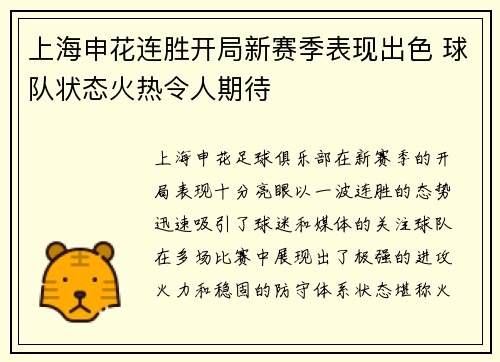 上海申花连胜开局新赛季表现出色 球队状态火热令人期待