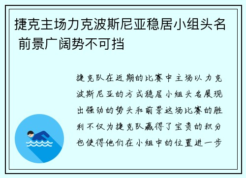 捷克主场力克波斯尼亚稳居小组头名 前景广阔势不可挡