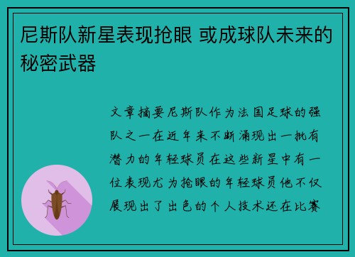 尼斯队新星表现抢眼 或成球队未来的秘密武器