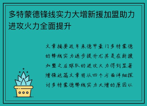多特蒙德锋线实力大增新援加盟助力进攻火力全面提升